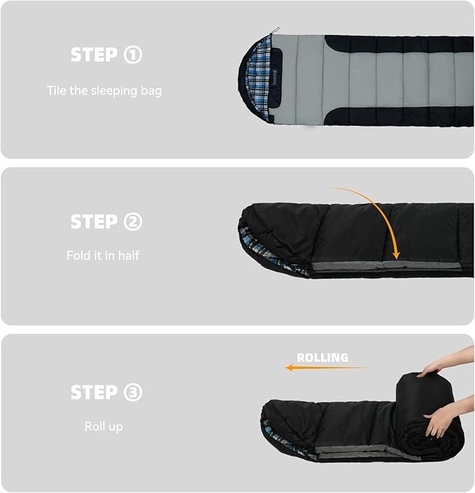 Cotton Flannel Lined Sleeping Bag for Adults Teens Kids, Cold Weather &Warm, 3 Seasons, Lightweight Compact Camping Essentials Equipment, Hiking, Outdoor, Travel