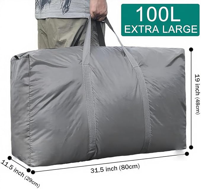 100L Extra Large Storage Bags, Big Moving Bags with Strong Zippers & Carrying Handles, Packing Bags for Moving, Storage, Travel and Camping, Storage Totes For Space Saving (Grey, 4 Pack)