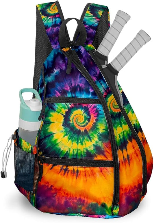 Pickleball Bag Colorful Tie Dye Pickle Ball Backpack for Men Women Premium Lightweight Reversible Crossbody Sling Bag Sports Backpack for Pickleball Paddle
