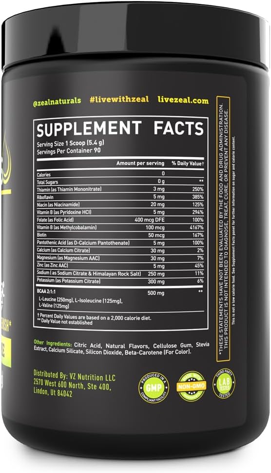 Zeal Electrolyte Powder - 90 Servings | Keto Electrolytes Powder | Zero Sugar, BCAAs, B-Vitamins | Potassium, Zinc, Magnesium | Hydration Powder Recovery Drink | Lemon Lime