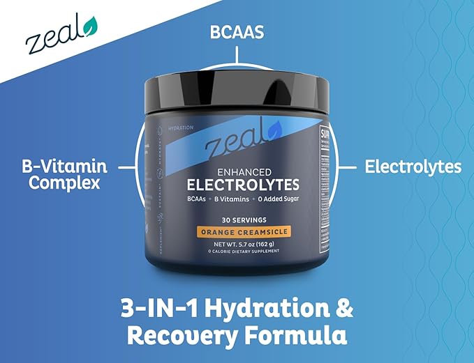 Zeal Electrolyte Powder - 30 Servings | Keto Electrolytes Powder | Zero Sugar, BCAAs, B-Vitamins | Potassium, Zinc, Magnesium | Hydration Powder Recovery Drink | Orange Creamsicle