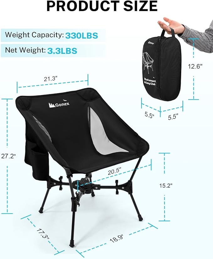 Gonex Portable Camping Chair, The 5th Gen Ultralight Compact Backpacking Foldable Lightweight Folding Chair for Outdoor Camp Hiking Beach Picnic Concert, Supports 330lbs (Black, 1 PCS)