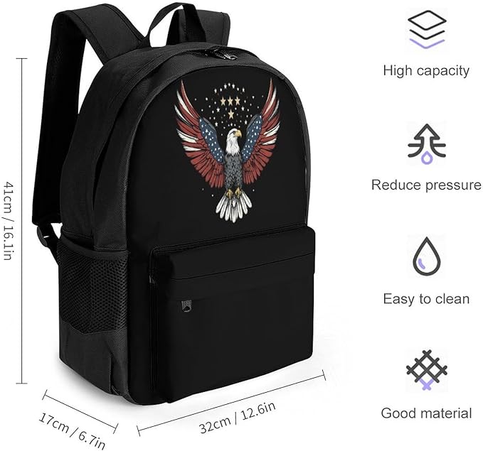 Black Backpack for Travel College Work Airplane Accessories, Bag with Sturdy Strap, Portable American Flag And Bald Eagle Patriotic Black Laptop Bags for Adult