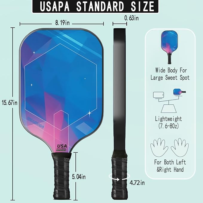 USAPA Approved Pickle Ball Rackets 2 Pack - Professional Hybrid Carbon-Glass Fiber, 16mm Honeycomb Core Complete Pickle Ball Set with Indoor/Outdoor Balls & Carry Bag, Unisex Design