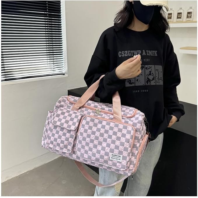 Weekender Duffel Sport Gym Bag Overnight Travel duffle Bags with Shoe Compartment Wet Pocket Tartan-Pink