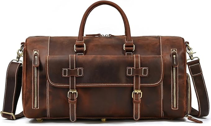 Leather Duffel Bags for Men and Women, 20 Inch Full Grain Leather Travel Overnight Weekend Bags, 9802 Brown