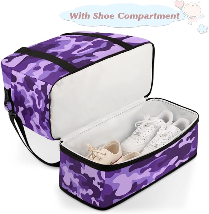 Travel Duffle Bags With Shoes Compartment for Women Men Purple Camouflage Camo Lightweigh Sports Tote Gym Bag Foldable Canvas Weekender Overnight Carry On Luggage Handle Bag