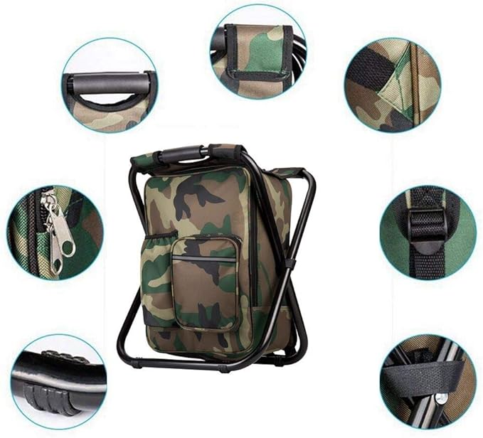 Bright starl Upgraded Large Size 3 in1 Multifunction Fishing Backpack Chair, Portable Hiking Camouflage Camping Stool, Folding Cooler Insulated Picnic Bag Backpack Stool