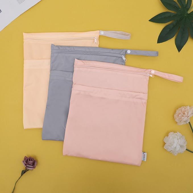 ALVABABY 3pcs Cloth Diaper Wet Dry Bags Waterproof Reusable with Two Zippered Pockets Travel Beach Pool Daycare Soiled Baby Items Yoga Gym Bag for Swimsuits or Wet Clothes 3L-ZM10