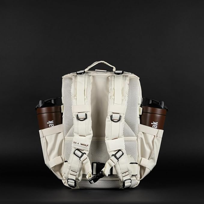 WOLFpak 35L Athletic Gym Backpack - Durable 1000D Waterproof Oxford Material with MOLLE Webbing, Laptop Pocket & Dual Cup Holders, Durable Fitness/Travel/Military Daypack (Vanilla)