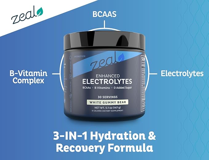 Zeal Electrolyte Powder - 30 Servings | Keto Electrolytes Powder | Zero Sugar, BCAAs, B-Vitamins | Potassium, Zinc, Magnesium | Hydration Powder Recovery Drink | White Gummy Bear