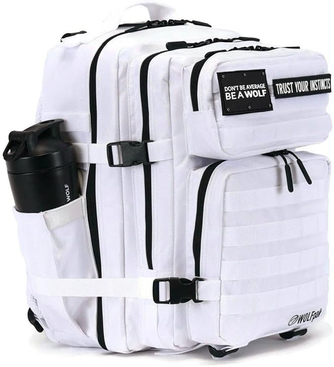 WOLFpak 35L Athletic Gym Backpack - Durable 1000D Waterproof Oxford Material with MOLLE Webbing, Laptop Pocket & Dual Cup Holders, Durable Fitness/Travel/Military Daypack (Polar White)
