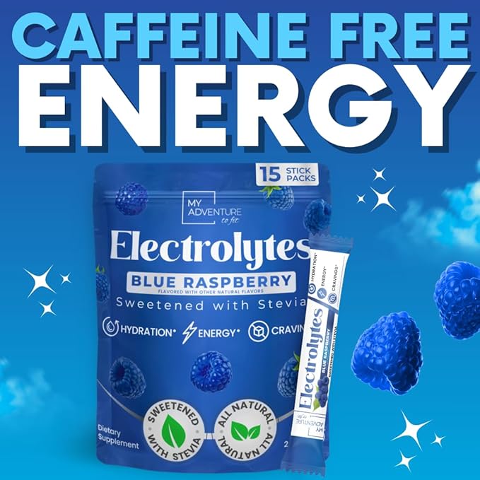Zero Sugar - Blue Raspberry Electrolytes Powder - Refreshing Hydration - Caffeine Free Energy - All Natural Ingredients - Vegan, Keto and Paleo - Sugar Free Electrolyte Powder Drink Mix - 15 count