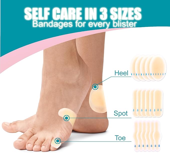 36PCS Hydrocolloid Blister Bandages – Blister Bandages for Feet, Blister Prevention & Recovery – Waterproof Blister Pads & Blister Cushions for Heel, Toe & Foot