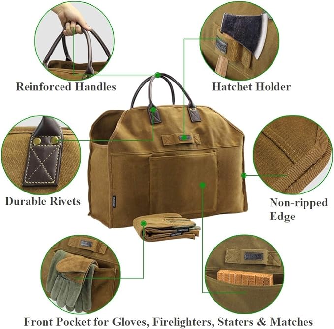 INNO STAGE Firewood Log Carrier Bag Waxed Canvas Tote Holder with Fireplace Pure Leather Gloves for Hay Hauling Outdoor Camping, BBQ Barbecue