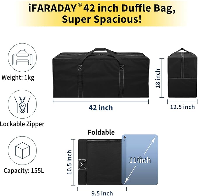 155L Oversized Duffle Bag - 42” Extra Large Heavy Duty Water Resistant Travel Bag for Camping Moving Storage (Black)