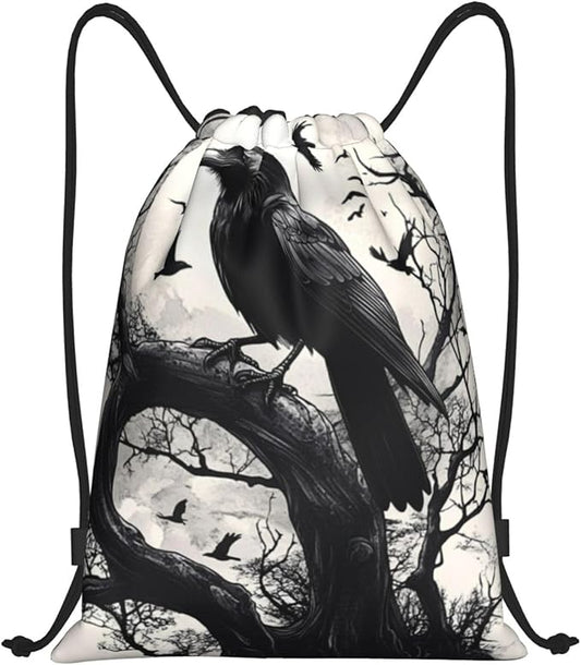 Black Crow Pattern Drawstring Backpack Bag - Sports Gym Sack For Women Men