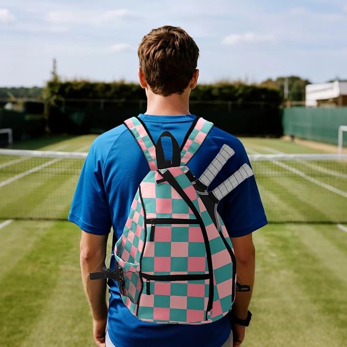 Pickleball Bag Pink Teal Checkered Pickle Ball Backpack for Women Men Premium Lightweight Crossbody Sling Bag Sports Backpack for Pickleball Paddle Tennis