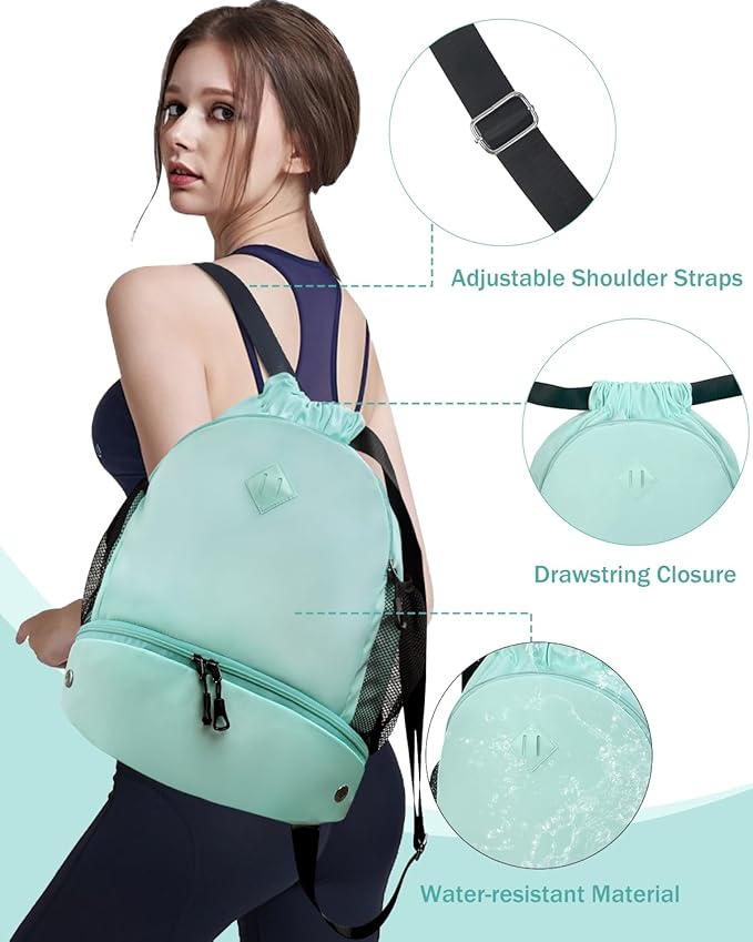 Drawstring Backpack Gym Backpack with Shoe Compartment for Men Women String Sports Bag with Wet Pocket Cinch Swim Beach Bag, Mint Green (Patent Pending)