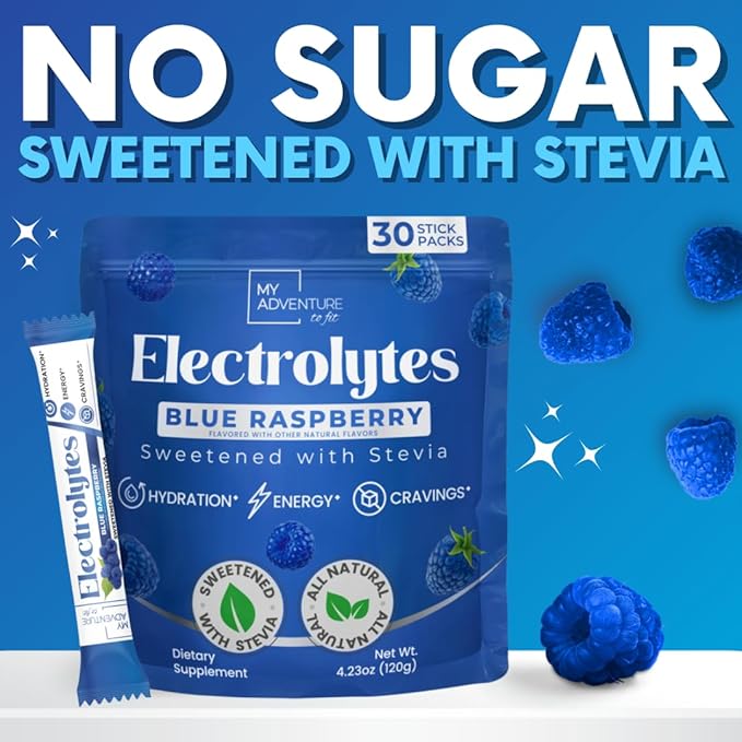 Zero Sugar Blue Raspberry Electrolytes Powder Packets (30 Pack) - All Natural Ingredients, Caffeine Free Energy for Refreshing Hydration - Vegan, Keto, Paleo - Sugar Free Electrolytes Powder No Sugar