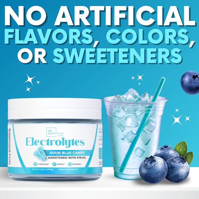 Zero Sugar - Sour Blue Candy Electrolytes Powder - Refreshing Hydration - Caffeine Free Energy - All Natural Ingredients - Vegan, Keto & Paleo - Sugar Free Electrolyte Powder Drink Mix - 30 Servings