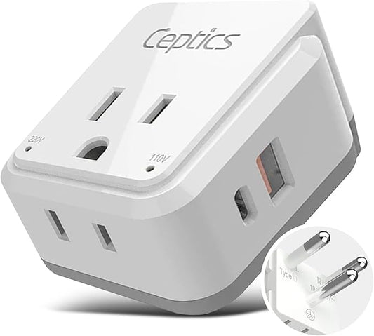 Ceptics Thailand Travel Adapter Set, PAK KIT 20W PD & QC, Type O - 3.1A - 4 in 1-2 USA Inputs, 1 USB Port, 1 USB-C Port - Compact, Powerful - Includes Type O Swadapt Attachments