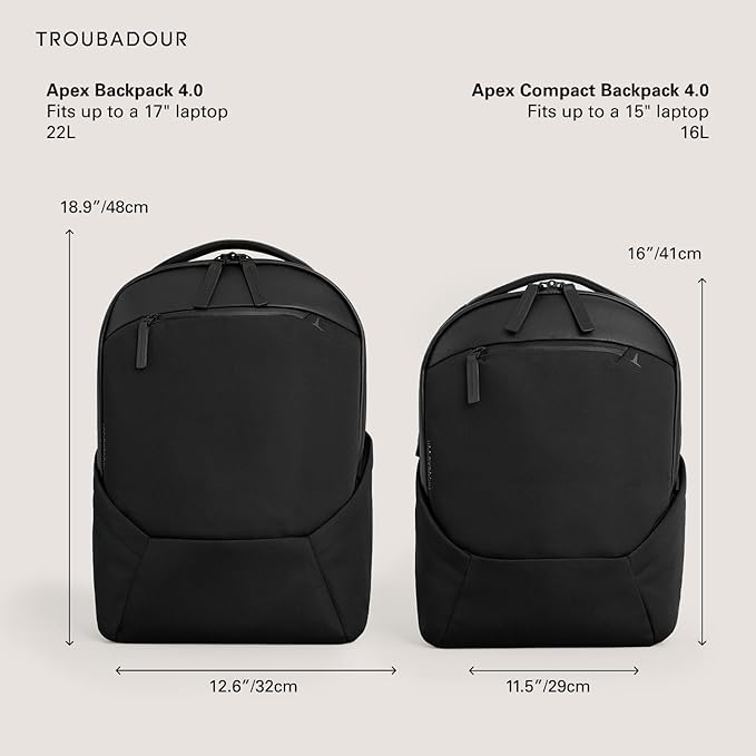 Troubadour Apex 4.0 Compact - 16L Premium Laptop Backpack - Ergonomic & Water Resistant - Designed for Work and Travel - Black