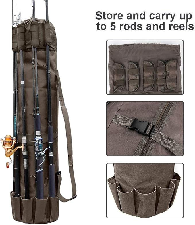 Allnice Durable Canvas Fishing Rod & Reel Organizer Bag Travel Carry Case Bag- Holds 5 Poles & Tackle