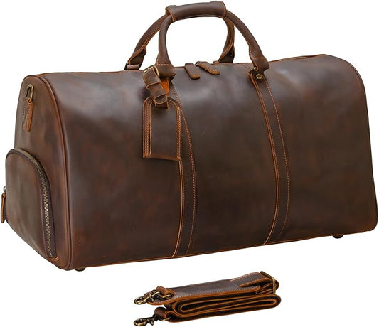 Leather Duffle Bags for Men with Shoe Compartment – 23.6" x 12.6" x 11" Travel Bag, Gym Bag, Also Suitable for Crossbody or Shoulder Carry, Brown Large Size