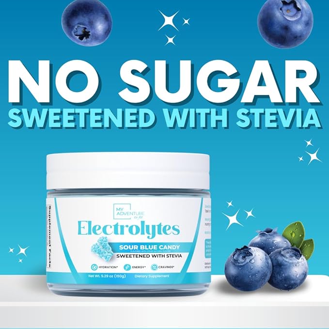 Zero Sugar - Sour Blue Candy Electrolytes Powder - Refreshing Hydration - Caffeine Free Energy - All Natural Ingredients - Vegan, Keto & Paleo - Sugar Free Electrolyte Powder Drink Mix - 30 Servings