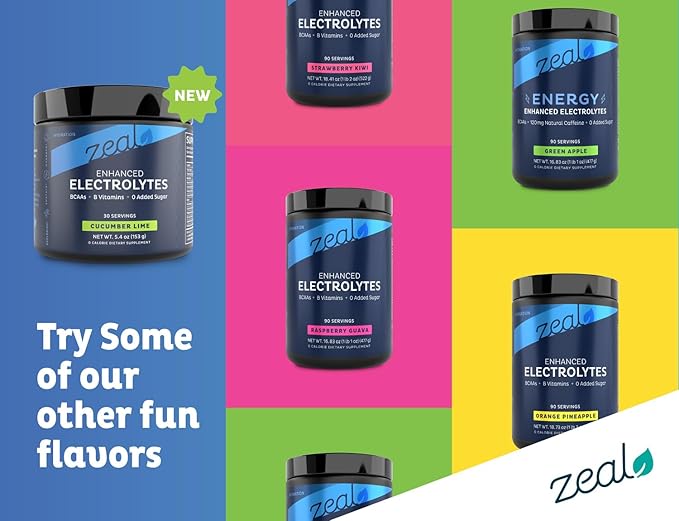 Zeal Electrolyte Powder - 30 Servings | Keto Electrolytes Powder | Zero Sugar, BCAAs, B-Vitamins | Potassium, Zinc, Magnesium | Hydration Powder Recovery Drink | Cucumber Lime