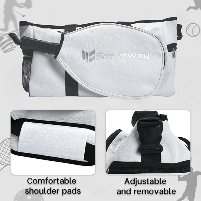 Pickleball Bag, Litchi-Texture PU Leather Sports Tote, Adjustable Crossbody Strap, Waterproof Large-Capacity for Men Women