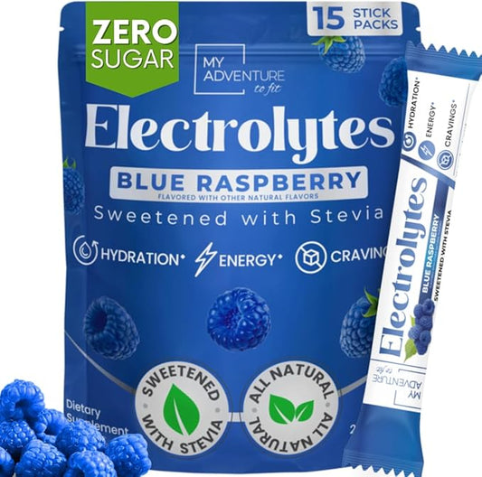 Zero Sugar - Blue Raspberry Electrolytes Powder - Refreshing Hydration - Caffeine Free Energy - All Natural Ingredients - Vegan, Keto and Paleo - Sugar Free Electrolyte Powder Drink Mix - 15 count