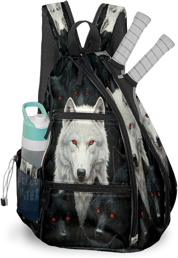 Pickleball Bag Black Wolf Pickle Ball Backpack for Women Men Premium Lightweight Crossbody Sling Bag Sports Backpack for Pickleball Paddle Tennis