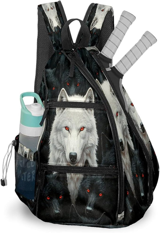 Pickleball Bag Black Wolf Pickle Ball Backpack for Women Men Premium Lightweight Crossbody Sling Bag Sports Backpack for Pickleball Paddle Tennis