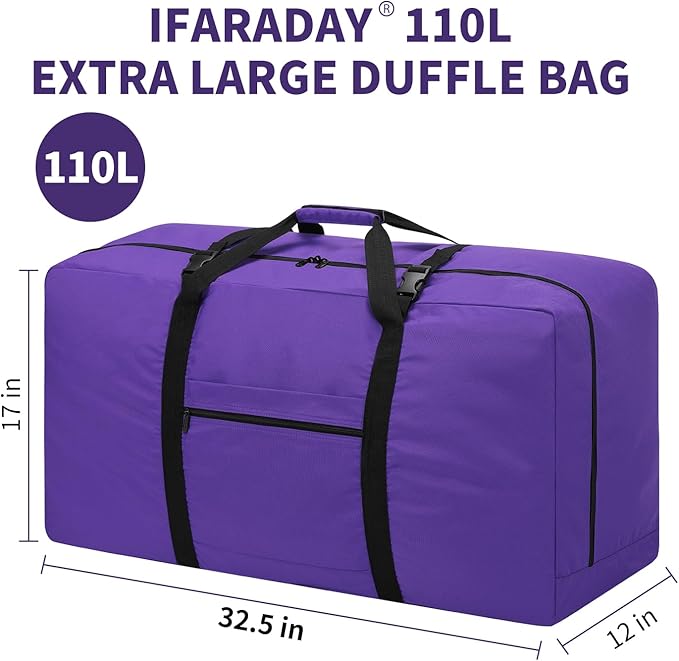 110L Extra Large Duffel Bag 32.5 inch Travel Duffle Bag lightweight Luggage Storage Bag for Outdoor, Camping, Sport-Purple