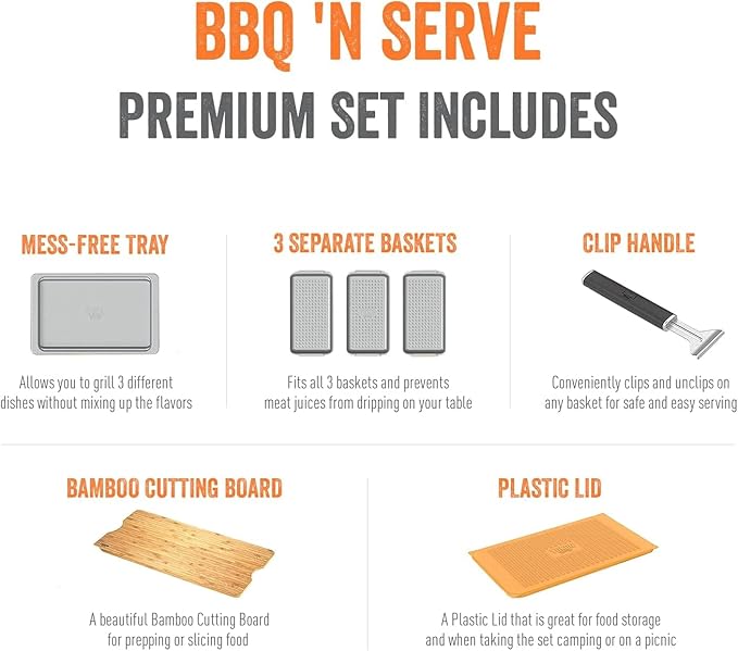 Yukon Glory™ BBQ 'N SERVE Premium Set, Includes 3 Grill Baskets, Serving Tray, Bamboo Cutting Board, Plastic Lid and Clip-on Handle