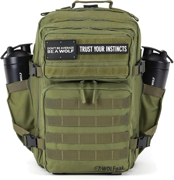 WOLFpak 35L Athletic Gym Backpack - Durable 1000D Waterproof Oxford Material with MOLLE Webbing, Laptop Pocket & Dual Cup Holders, Durable Fitness/Travel/Military Daypack (OD Green)