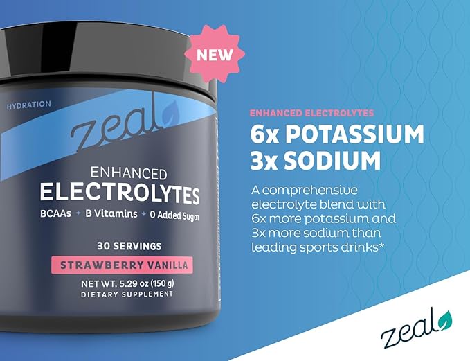 Zeal Electrolyte Powder - 30 Servings | Keto Electrolytes Powder | Zero Sugar, BCAAs, B-Vitamins | Potassium, Zinc, Magnesium | Hydration Powder Recovery Drink | Strawberry Vanilla