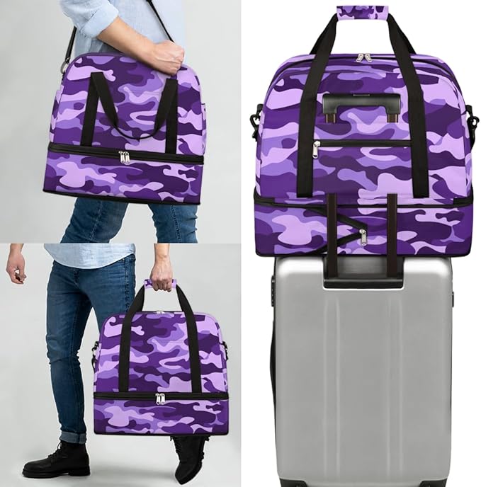 Travel Duffle Bags With Shoes Compartment for Women Men Purple Camouflage Camo Lightweigh Sports Tote Gym Bag Foldable Canvas Weekender Overnight Carry On Luggage Handle Bag