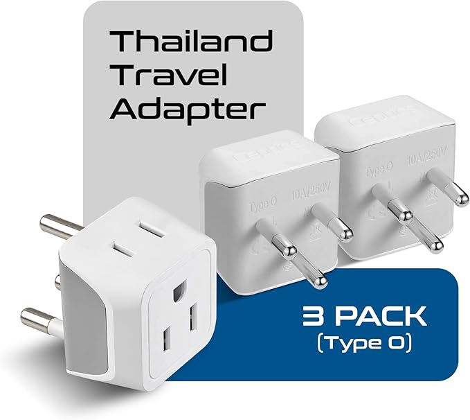 Ceptics Thailand Travel Adapter with Dual Usa Input (Type O) Ultra Compact - 3 Pack - Safe Grounded Perfect for Cell Phones, Laptops, Camera Chargers and More (CT-18)