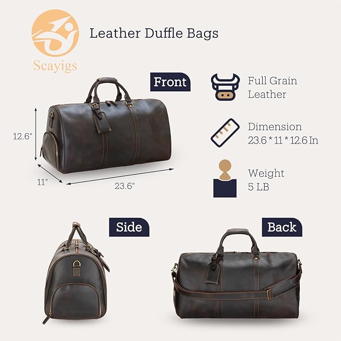 Leather Duffle Bags for Men with Shoe Compartment – 23.6" x 12.6" x 11" Travel Bag, Gym Bag, Also Suitable for Crossbody or Shoulder Carry, Dark Brown Large Size