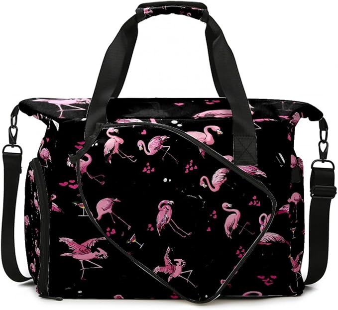 Women's Tennis Bag Large Capacity - Ventilated Shoe Compartment & Waterproof Wet Pocket, Multi-Functional Gym Duffel Bag for Tennis, Yoga, Travel (Flamingos Black)