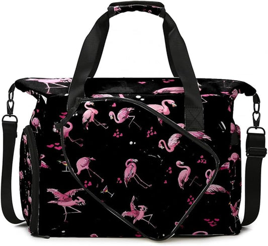 Women's Tennis Bag Large Capacity - Ventilated Shoe Compartment & Waterproof Wet Pocket, Multi-Functional Gym Duffel Bag for Tennis, Yoga, Travel (Flamingos Black)