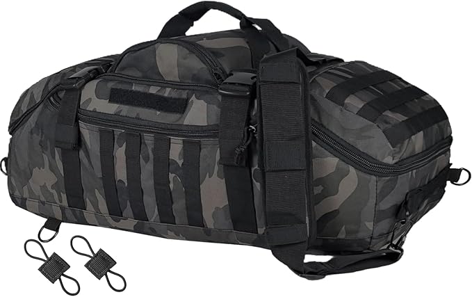 55L Large Travel Gym Duffle Bag Military Tactical Backpack, Army Pack 3 Day Bug Out Bag Rucksack for Outdoor Sport Hiking Camping with Molle System, Black Camo