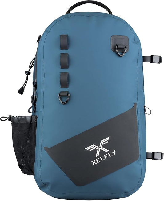 Xelfly - Waterproof Fishing Backpack with Rod Holder, Inflatable Air Valve, Padded Waist Straps & Gear Loops - Submersible Zipper, Rugged Top Handle, Adjustable Attachments (Blue)