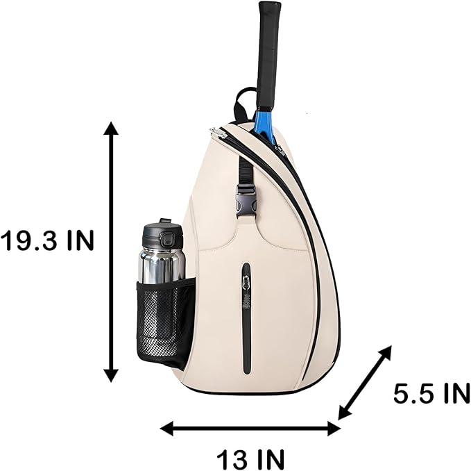 Beige Pickleball Sling Bag - Lightweight Crossbody Design Holds 2 Paddles & 6 Balls - Ventilated Water Bottle Holder, Multiple Compartments - Fit for Drills, Casual Play & Travel