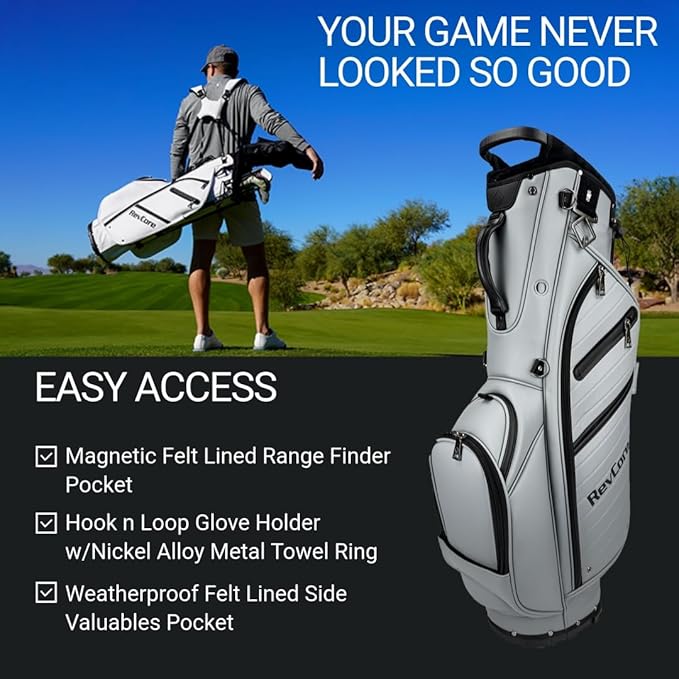 RevCore LT Lightweight Golf Stand Bag by CaddyDaddy – Premium Synthetic Leather Carry Golf Bag for Men & Women with 5-Way Divider, Cooler Pocket, Dual Strap – Golf Bag with Stand