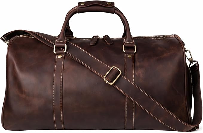 Vintage Crazy Horse Leather Travel Duffel Bag with Shoe Compartment Multi-Carry Duffle +Brass Anti-Scratch Feet/Business/Casual/Travel(5096-Brown)