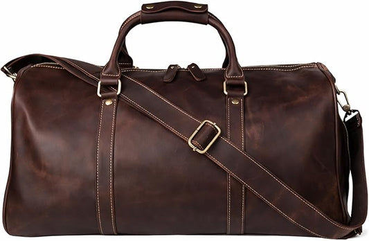 Vintage Crazy Horse Leather Travel Duffel Bag with Shoe Compartment Multi-Carry Duffle +Brass Anti-Scratch Feet/Business/Casual/Travel(5096-Brown)
